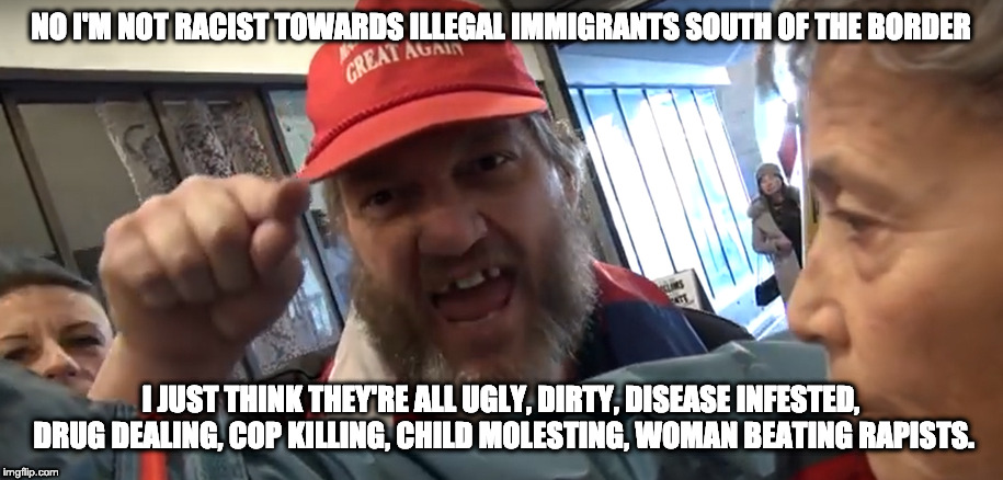 Angry Trumper | NO I'M NOT RACIST TOWARDS ILLEGAL IMMIGRANTS SOUTH OF THE BORDER; I JUST THINK THEY'RE ALL UGLY, DIRTY, DISEASE INFESTED, DRUG DEALING, COP KILLING, CHILD MOLESTING, WOMAN BEATING RAPISTS. | image tagged in angry trumper | made w/ Imgflip meme maker