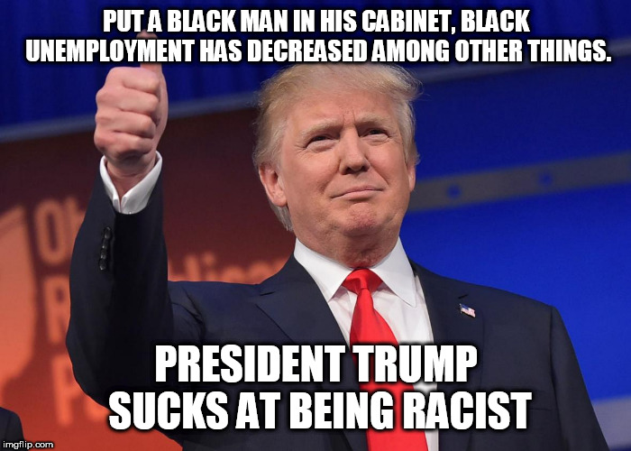 One of the worst racists ever. (That's sarcasm for people who don't get it.) | PUT A BLACK MAN IN HIS CABINET, BLACK UNEMPLOYMENT HAS DECREASED AMONG OTHER THINGS. PRESIDENT TRUMP SUCKS AT BEING RACIST | image tagged in donald trump,stupid liberals,racism | made w/ Imgflip meme maker