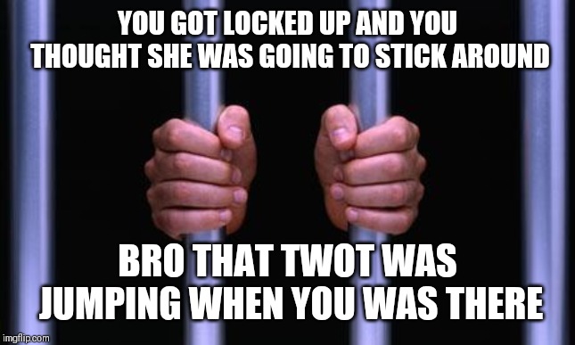 Jroc113 | YOU GOT LOCKED UP AND YOU THOUGHT SHE WAS GOING TO STICK AROUND; BRO THAT TWOT WAS JUMPING WHEN YOU WAS THERE | image tagged in prison bars | made w/ Imgflip meme maker