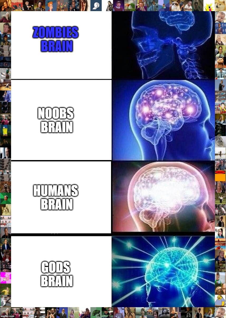 Expanding Brain Meme | ZOMBIES BRAIN; NOOBS BRAIN; HUMANS BRAIN; GODS BRAIN | image tagged in memes,expanding brain | made w/ Imgflip meme maker