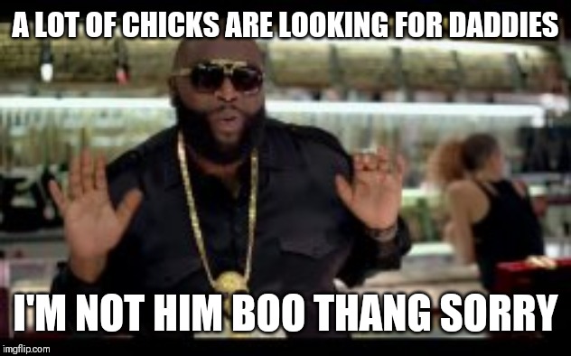 Jroc113 | A LOT OF CHICKS ARE LOOKING FOR DADDIES; I'M NOT HIM BOO THANG SORRY | image tagged in rick ross | made w/ Imgflip meme maker