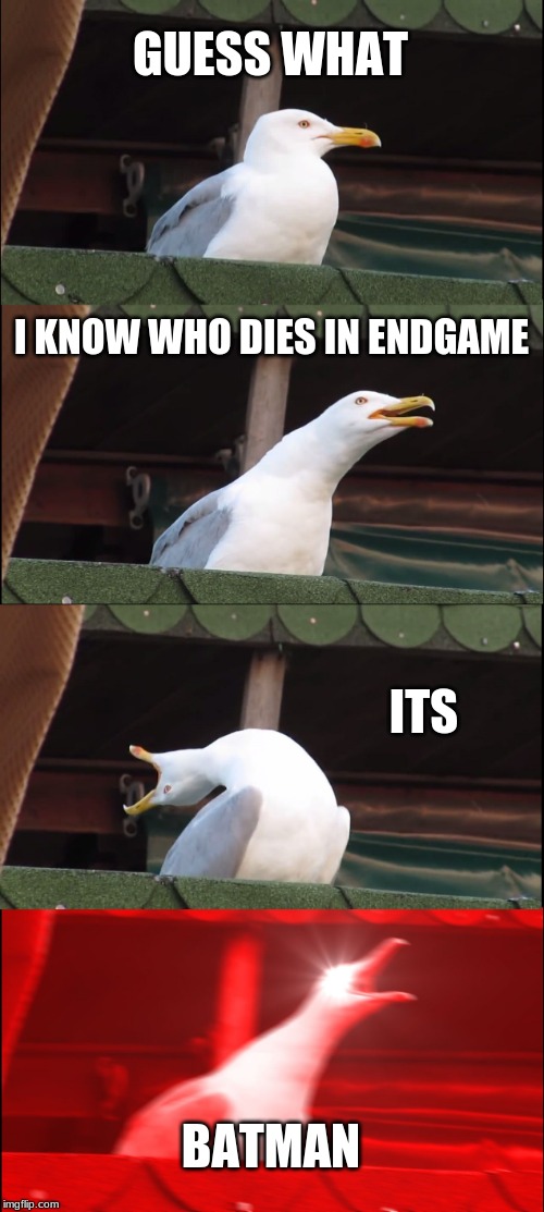 Inhaling Seagull | GUESS WHAT; I KNOW WHO DIES IN ENDGAME; ITS; BATMAN | image tagged in memes,inhaling seagull | made w/ Imgflip meme maker