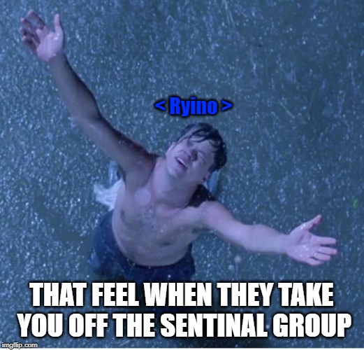 Shawshank redemption freedom | < Ryino >; THAT FEEL WHEN THEY TAKE YOU OFF THE SENTINAL GROUP | image tagged in shawshank redemption freedom | made w/ Imgflip meme maker