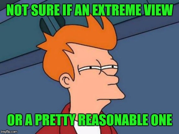 Futurama Fry Meme | NOT SURE IF AN EXTREME VIEW OR A PRETTY REASONABLE ONE | image tagged in memes,futurama fry | made w/ Imgflip meme maker