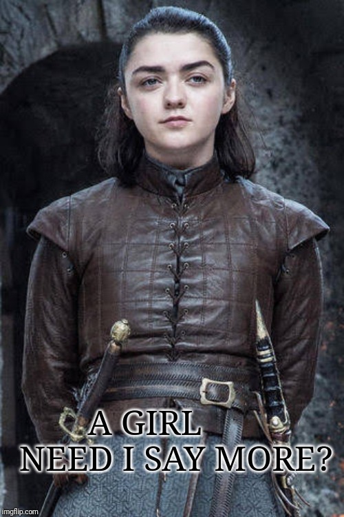 Aria Stark GOT |  A GIRL       NEED I SAY MORE? | image tagged in game of thrones | made w/ Imgflip meme maker