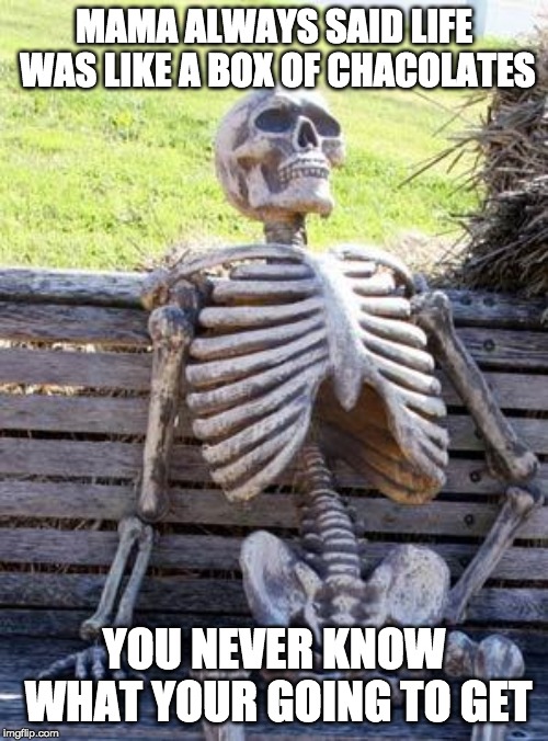 Waiting Skeleton | MAMA ALWAYS SAID LIFE WAS LIKE A BOX OF CHACOLATES; YOU NEVER KNOW WHAT YOUR GOING TO GET | image tagged in memes,waiting skeleton | made w/ Imgflip meme maker