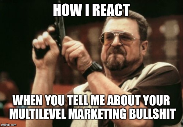 Am I The Only One Around Here | HOW I REACT; WHEN YOU TELL ME ABOUT YOUR MULTILEVEL MARKETING BULLSHIT | image tagged in memes,am i the only one around here | made w/ Imgflip meme maker