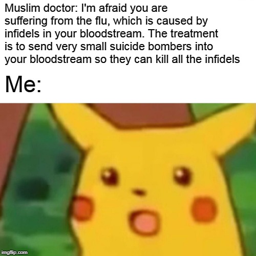 Surprised Pikachu Meme | Muslim doctor: I'm afraid you are suffering from the flu, which is caused by infidels in your bloodstream. The treatment is to send very sma | image tagged in memes,surprised pikachu | made w/ Imgflip meme maker