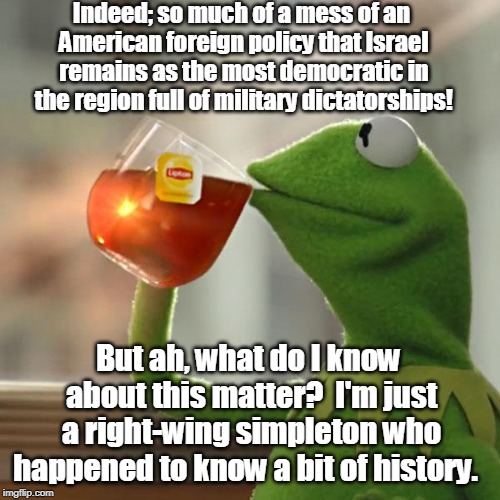 But That's None Of My Business Meme | Indeed; so much of a mess of an American foreign policy that Israel remains as the most democratic in the region full of military dictatorsh | image tagged in memes,but thats none of my business,kermit the frog | made w/ Imgflip meme maker