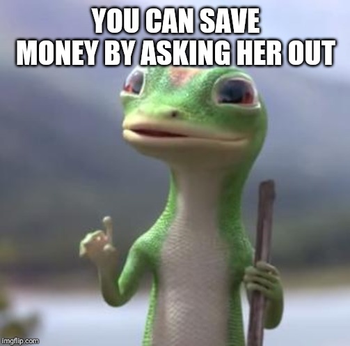 Geico Gecko | YOU CAN SAVE MONEY BY ASKING HER OUT | image tagged in geico gecko | made w/ Imgflip meme maker