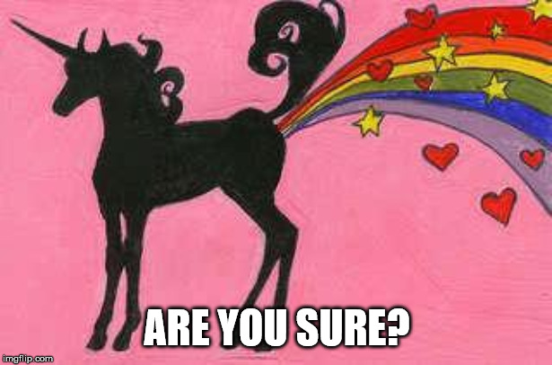 Unicorn farting a rainbow | ARE YOU SURE? | image tagged in unicorn farting a rainbow | made w/ Imgflip meme maker