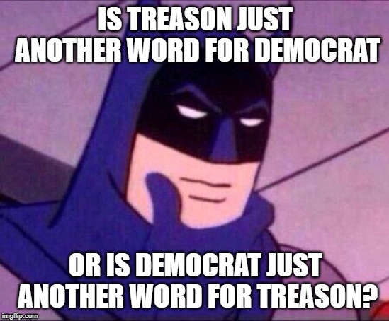 Batman Thinking | IS TREASON JUST ANOTHER WORD FOR DEMOCRAT; OR IS DEMOCRAT JUST ANOTHER WORD FOR TREASON? | image tagged in batman thinking | made w/ Imgflip meme maker