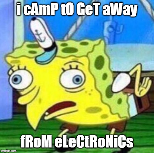 Sarcastic spongebob | i cAmP tO GeT aWay; fRoM eLeCtRoNiCs | image tagged in sarcastic spongebob | made w/ Imgflip meme maker