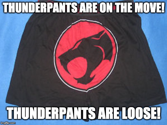 Thunder - thunder - thunder - thunder PANTS! | THUNDERPANTS ARE ON THE MOVE! THUNDERPANTS ARE LOOSE! | image tagged in thunderpants,underpants,thundercats,theme song | made w/ Imgflip meme maker