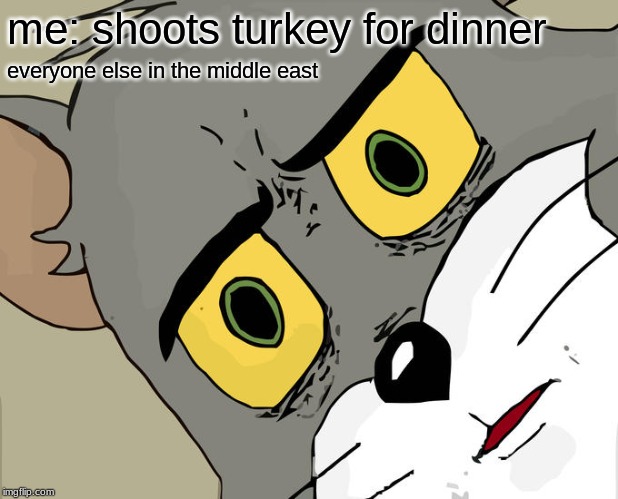 Unsettled Tom Meme | me: shoots turkey for dinner everyone else in the middle east | image tagged in memes,unsettled tom | made w/ Imgflip meme maker