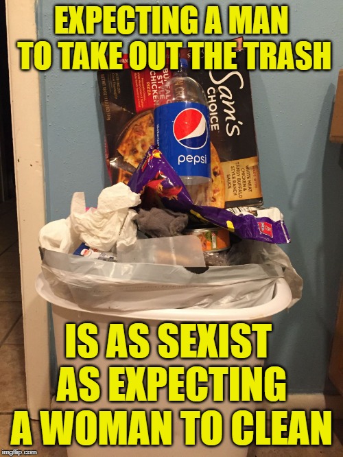 Trash Sees No Gender |  EXPECTING A MAN TO TAKE OUT THE TRASH; IS AS SEXIST AS EXPECTING A WOMAN TO CLEAN | image tagged in garbage castle,sexism,trash can full,housework,funny memes,cleaning | made w/ Imgflip meme maker