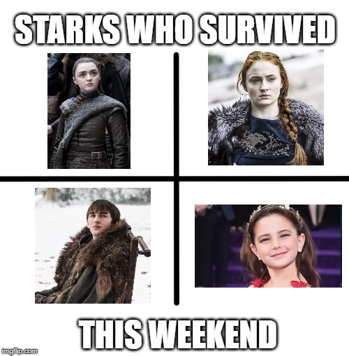 SPOILER ALERT: Starks Who Made It This Weekend! | STARKS WHO SURVIVED; THIS WEEKEND | image tagged in memes,blank starter pack | made w/ Imgflip meme maker