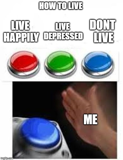 how to live | HOW TO LIVE; DONT LIVE; LIVE HAPPILY; LIVE DEPRESSED; ME | image tagged in red green blue buttons,depression,happy,death | made w/ Imgflip meme maker