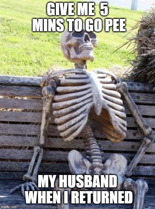 Waiting Skeleton Meme | GIVE ME  5 MINS TO GO PEE; MY HUSBAND WHEN I RETURNED | image tagged in memes,waiting skeleton | made w/ Imgflip meme maker