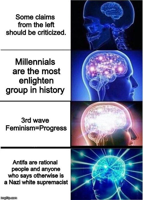 Expanding Brain-SJW Edition | Some claims from the left should be criticized. Millennials are the most enlighten group in history; 3rd wave Feminism=Progress; Antifa are rational people and anyone who says otherwise is a Nazi white supremacist | image tagged in memes,expanding brain | made w/ Imgflip meme maker