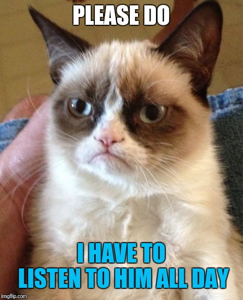 Grumpy Cat Meme | PLEASE DO I HAVE TO LISTEN TO HIM ALL DAY | image tagged in memes,grumpy cat | made w/ Imgflip meme maker