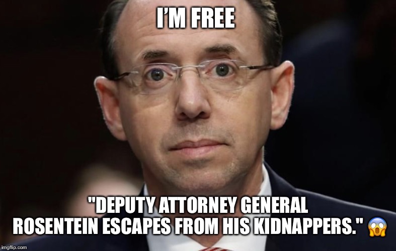 I’m Free | I’M FREE; "DEPUTY ATTORNEY GENERAL ROSENTEIN ESCAPES FROM HIS KIDNAPPERS." 😱 | image tagged in rob rosenstein,trump administration,escape,donald trump,william barr | made w/ Imgflip meme maker