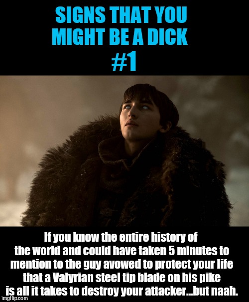 Sign you may be a | SIGNS THAT YOU MIGHT BE A DICK; #1; If you know the entire history of the world and could have taken 5 minutes to mention to the guy avowed to protect your life that a Valyrian steel tip blade on his pike is all it takes to destroy your attacker...but naah. | image tagged in bran stark,game of thrones,theon greyjoy,the long night,the night king | made w/ Imgflip meme maker