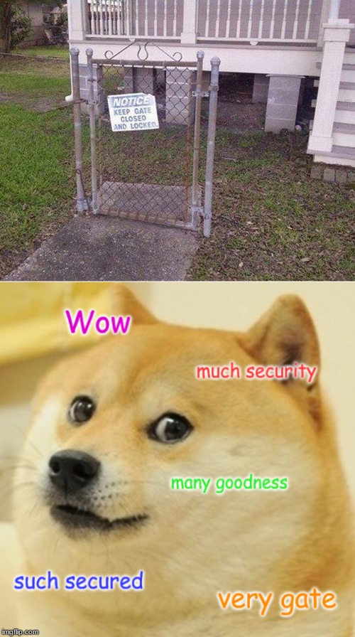 Ain't nobody gettin' through this gate! (Bad security week, not an event but I want it to be one) | image tagged in doge,dumb,security,idiots,memes,funny | made w/ Imgflip meme maker
