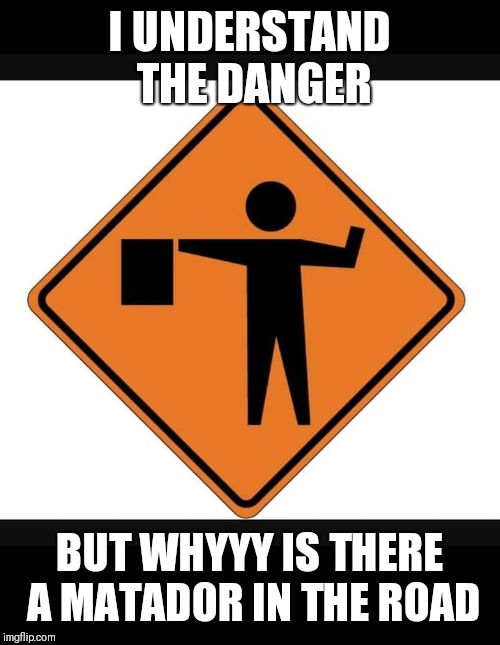 Safety first | I UNDERSTAND THE DANGER; BUT WHYYY IS THERE A MATADOR IN THE ROAD | image tagged in safety first,flagman,matador,bull,roads,highway | made w/ Imgflip meme maker