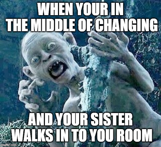 Gutless Gollum | WHEN YOUR IN THE MIDDLE OF CHANGING; AND YOUR SISTER WALKS IN TO YOU ROOM | image tagged in gutless gollum | made w/ Imgflip meme maker