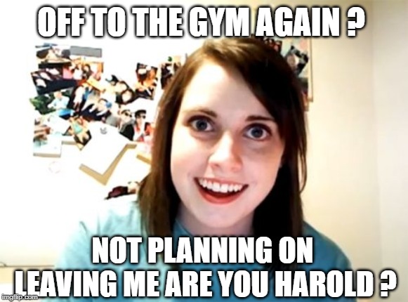 Overly Attached Girlfriend Meme | OFF TO THE GYM AGAIN ? NOT PLANNING ON LEAVING ME ARE YOU HAROLD ? | image tagged in memes,overly attached girlfriend | made w/ Imgflip meme maker
