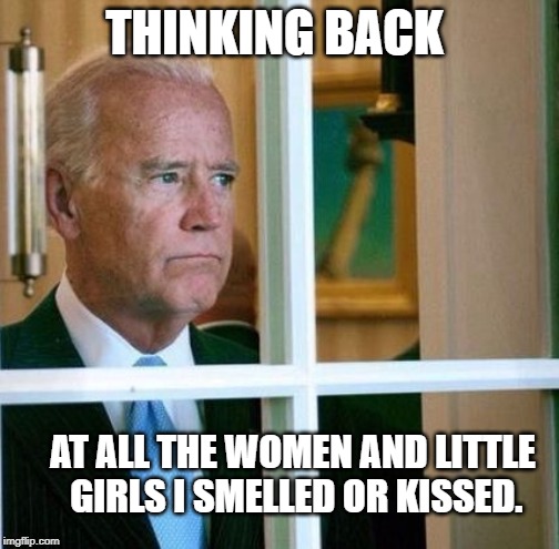Sad Joe Biden | THINKING BACK; AT ALL THE WOMEN AND LITTLE GIRLS I SMELLED OR KISSED. | image tagged in sad joe biden | made w/ Imgflip meme maker