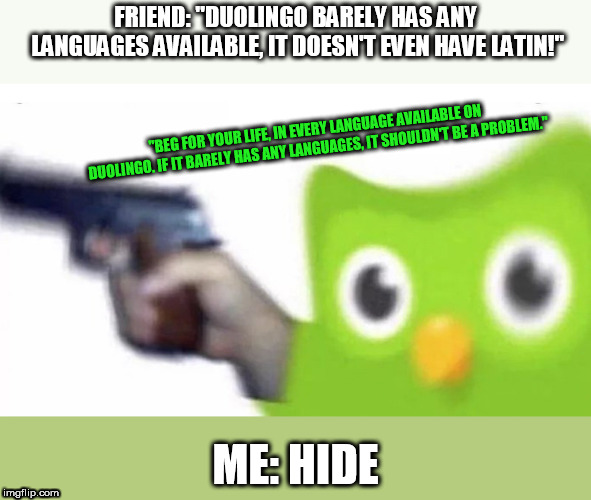 Prove It Than | FRIEND: "DUOLINGO BARELY HAS ANY LANGUAGES AVAILABLE, IT DOESN'T EVEN HAVE LATIN!"; "BEG FOR YOUR LIFE, IN EVERY LANGUAGE AVAILABLE ON DUOLINGO. IF IT BARELY HAS ANY LANGUAGES, IT SHOULDN'T BE A PROBLEM."; ME: HIDE | image tagged in duolingo gun | made w/ Imgflip meme maker