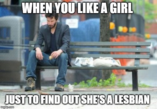 Sad Keanu | WHEN YOU LIKE A GIRL; JUST TO FIND OUT SHE'S A LESBIAN | image tagged in memes,sad keanu | made w/ Imgflip meme maker