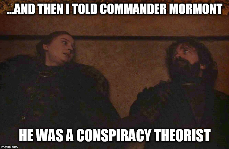 ...AND THEN I TOLD COMMANDER MORMONT; HE WAS A CONSPIRACY THEORIST | image tagged in game of thrones,politics,tyrion,sansa stark,conspiracy theorist | made w/ Imgflip meme maker