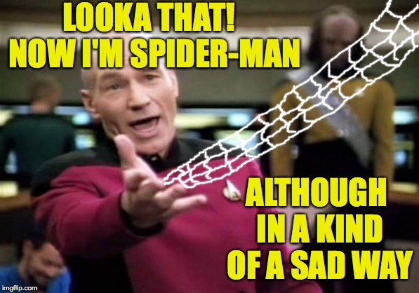 It's still cool, though, right?  ( : | LOOKA THAT!  NOW I'M SPIDER-MAN; ALTHOUGH IN A KIND OF A SAD WAY | image tagged in memes,picard wtf,spider-man | made w/ Imgflip meme maker