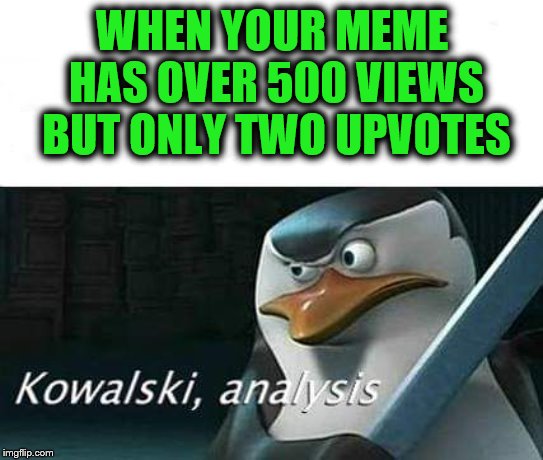 Probably someone shared it | WHEN YOUR MEME HAS OVER 500 VIEWS BUT ONLY TWO UPVOTES | image tagged in kowalski analysis,upvotes,views | made w/ Imgflip meme maker