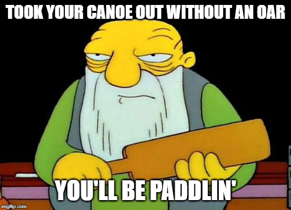 So true. | TOOK YOUR CANOE OUT WITHOUT AN OAR; YOU'LL BE PADDLIN' | image tagged in memes,that's a paddlin',canoe,oar | made w/ Imgflip meme maker