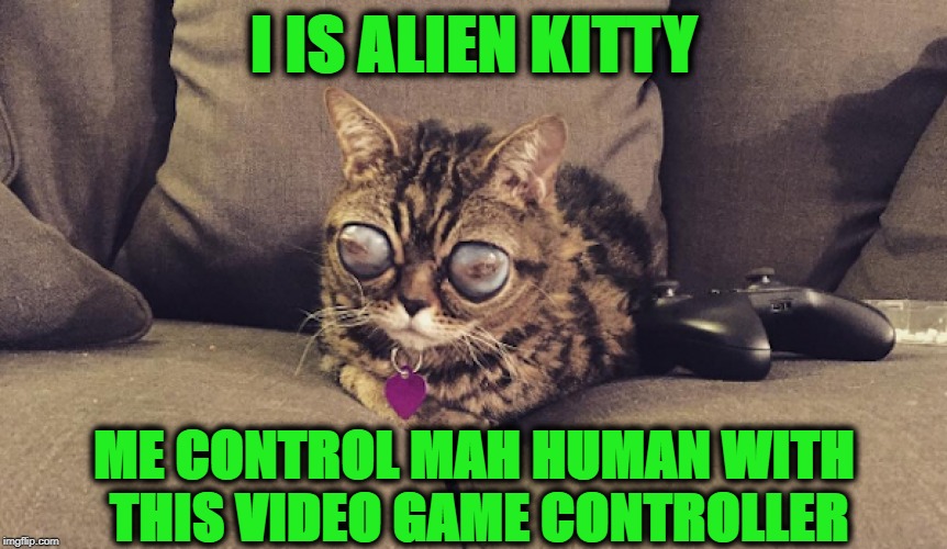 I IS ALIEN | I IS ALIEN KITTY; ME CONTROL MAH HUMAN WITH THIS VIDEO GAME CONTROLLER | image tagged in i is alien | made w/ Imgflip meme maker