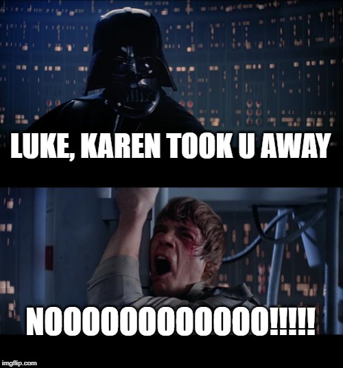 Star Wars No | LUKE, KAREN TOOK U AWAY; NOOOOOOOOOOOO!!!!! | image tagged in memes,star wars no | made w/ Imgflip meme maker