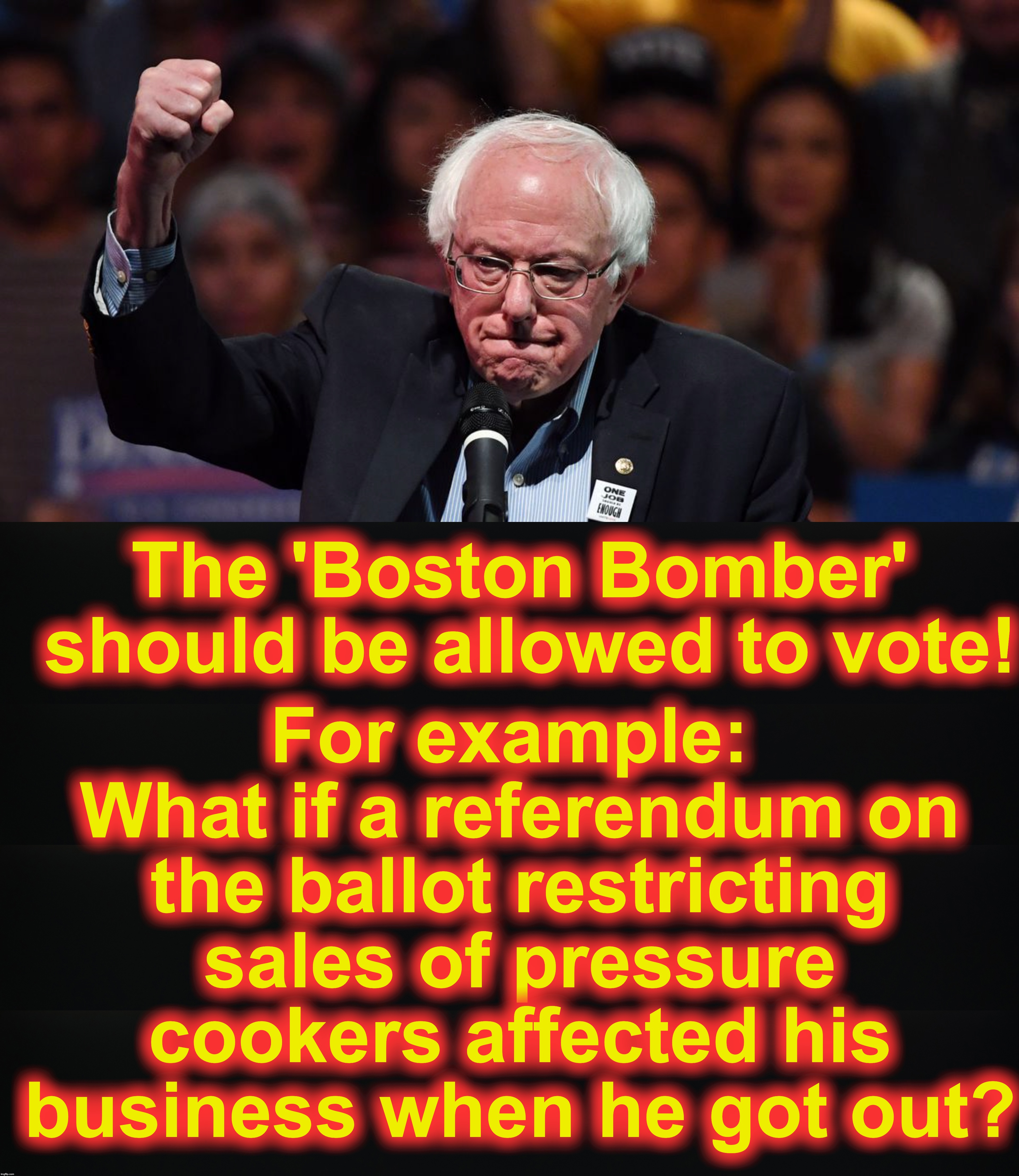 For example: What if a referendum on the ballot restricting sales of pressure cookers affected his business when he got out? The 'Boston Bomber' should be allowed to vote! | image tagged in bernie | made w/ Imgflip meme maker