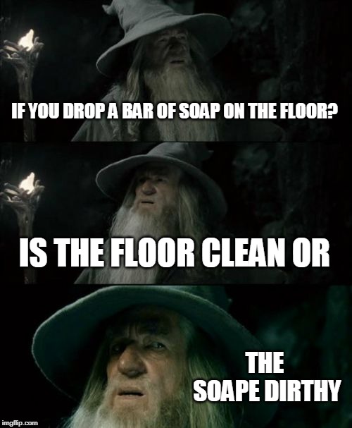 Confused Gandalf | IF YOU DROP A BAR OF SOAP ON THE FLOOR? IS THE FLOOR CLEAN OR; THE SOAPE DIRTHY | image tagged in memes,confused gandalf | made w/ Imgflip meme maker