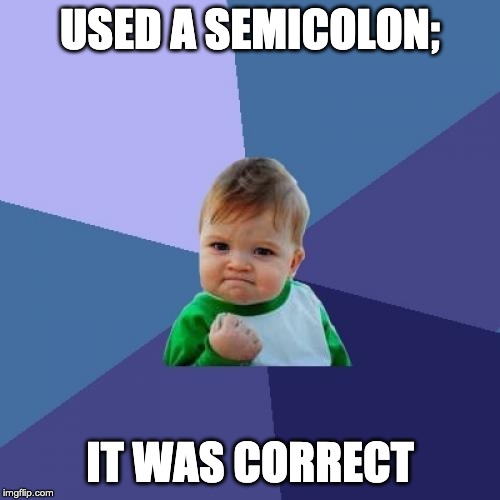 Success Kid | USED A SEMICOLON;; IT WAS CORRECT | image tagged in memes,success kid | made w/ Imgflip meme maker