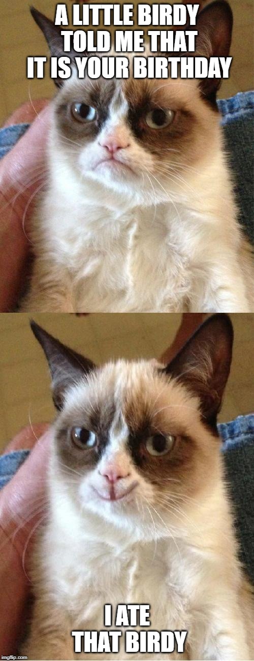 Grumpy Cat 2x Smile | A LITTLE BIRDY TOLD ME THAT IT IS YOUR BIRTHDAY; I ATE THAT BIRDY | image tagged in grumpy cat 2x smile | made w/ Imgflip meme maker
