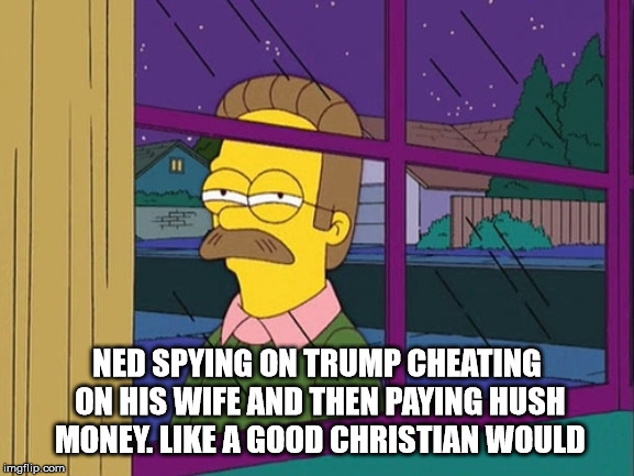 Ned Flanders | NED SPYING ON TRUMP CHEATING ON HIS WIFE AND THEN PAYING HUSH MONEY. LIKE A GOOD CHRISTIAN WOULD | image tagged in ned flanders | made w/ Imgflip meme maker