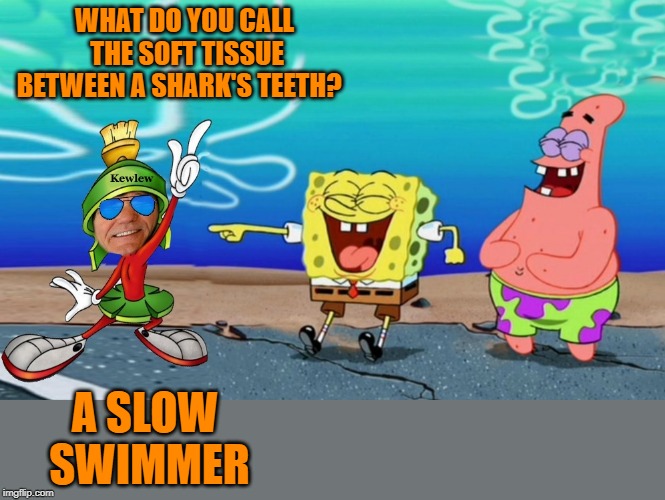 "Spongebob Week" April 29th to May 5th an EGOS production | WHAT DO YOU CALL THE SOFT TISSUE BETWEEN A SHARK'S TEETH? A SLOW SWIMMER | image tagged in spongebob week,egos production,bad pun | made w/ Imgflip meme maker