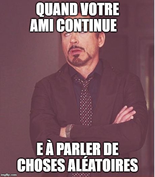 Face You Make Robert Downey Jr Meme | QUAND VOTRE AMI CONTINUE; E À PARLER DE CHOSES ALÉATOIRES | image tagged in memes,face you make robert downey jr | made w/ Imgflip meme maker