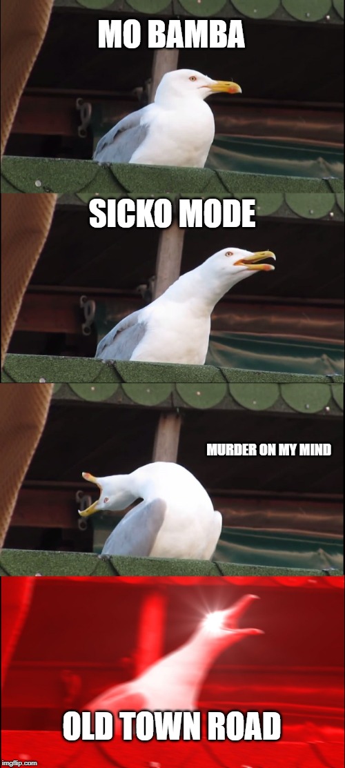 Inhaling Seagull | MO BAMBA; SICKO MODE; MURDER ON MY MIND; OLD TOWN ROAD | image tagged in memes,inhaling seagull | made w/ Imgflip meme maker