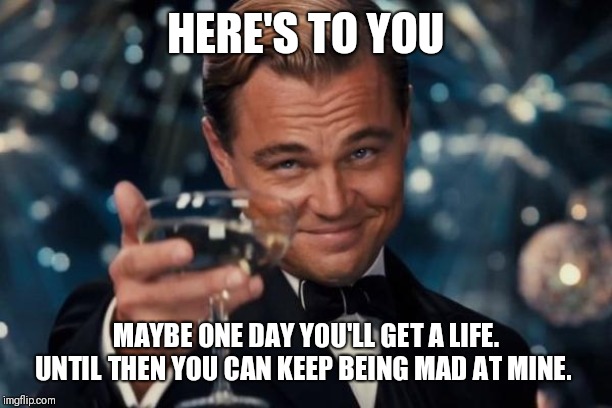 Leonardo Dicaprio Cheers Meme | HERE'S TO YOU; MAYBE ONE DAY YOU'LL GET A LIFE. UNTIL THEN YOU CAN KEEP BEING MAD AT MINE. | image tagged in memes,leonardo dicaprio cheers | made w/ Imgflip meme maker