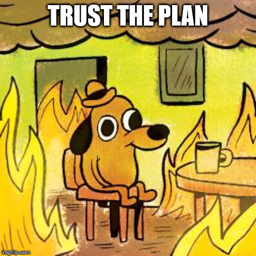 Dog in burning house | TRUST THE PLAN | image tagged in dog in burning house | made w/ Imgflip meme maker